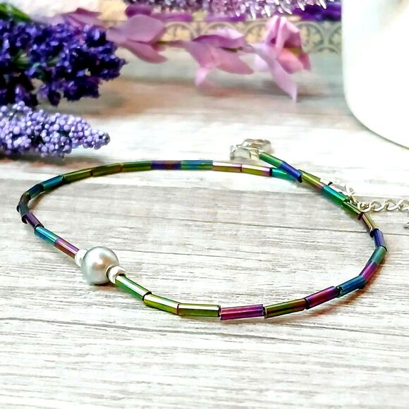Minimalist Adjustable Beaded Anklet, Rainbow Iridescent Dainty Seed Bead - Picture 2 of 6